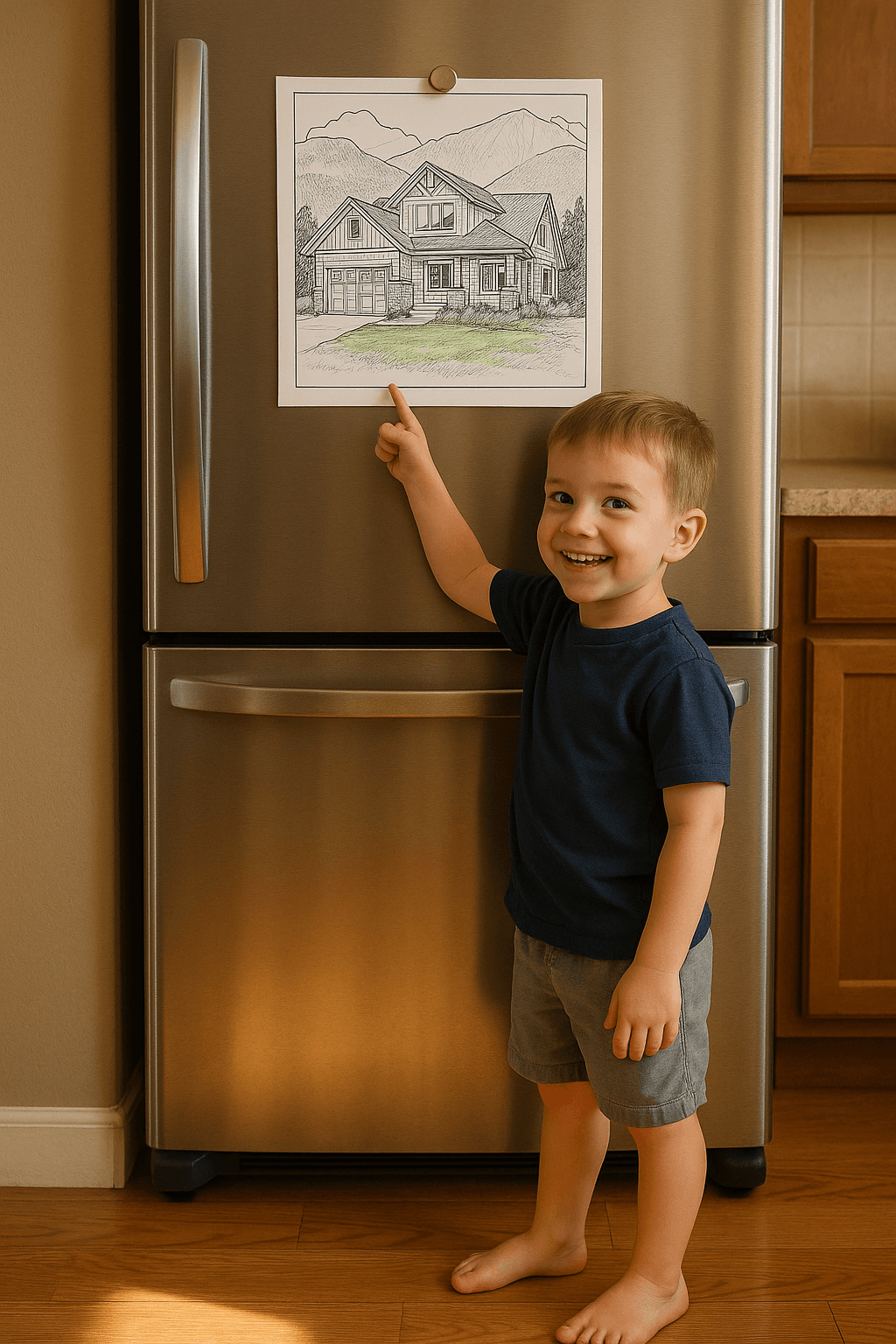 Kid happily pointing to a finished coloring page on a fridge